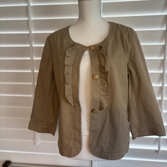 Talbots Womens Khaki Blazer Size 14P Ruffle 3/4 Sleeves Stretch  Spring Pockets‎ - Picture 1 of 9